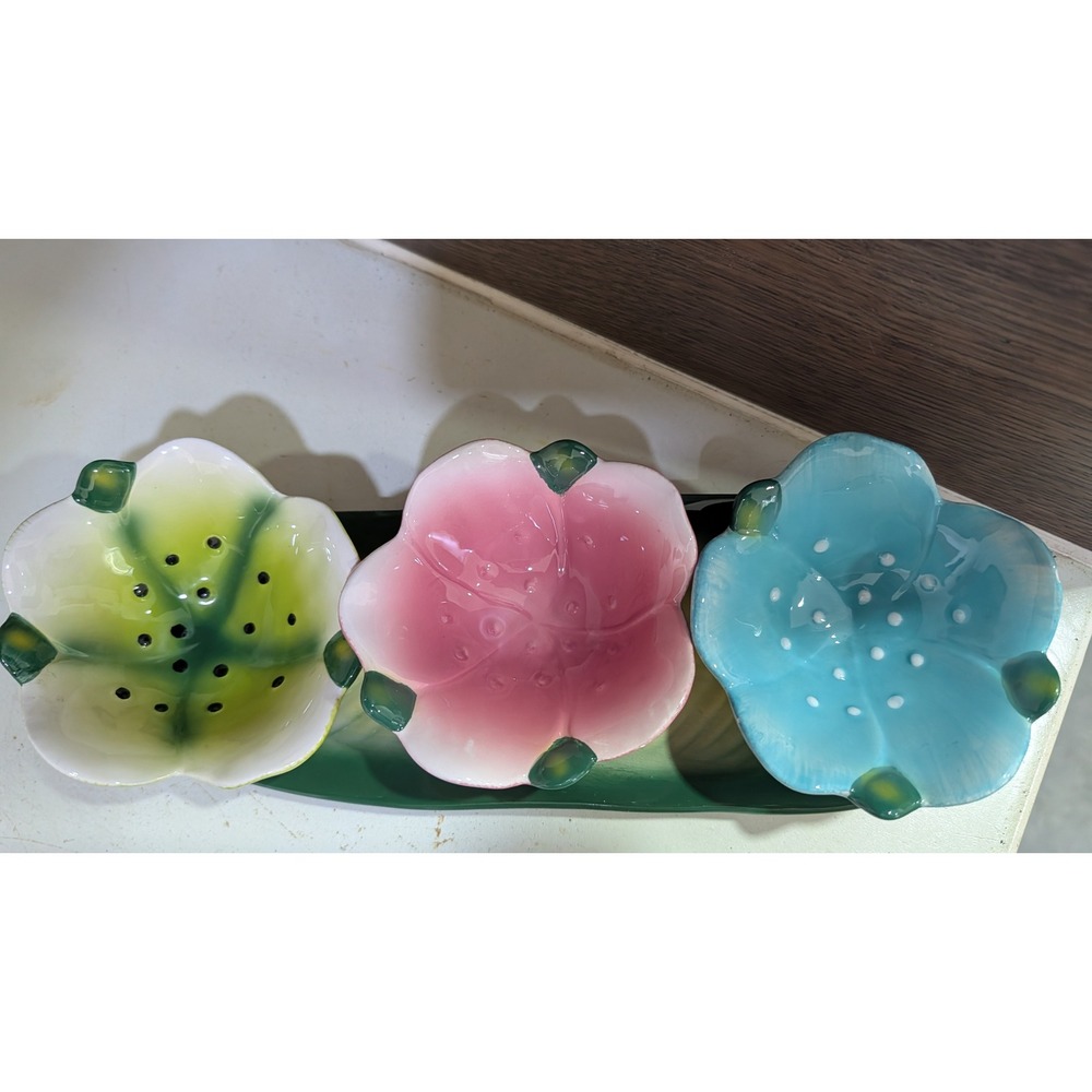 FSG Ceramic Flower Dipping Bowls Hibiscus Leaf Tray 4pc Floral Condiment Server - Picture 2 of 6